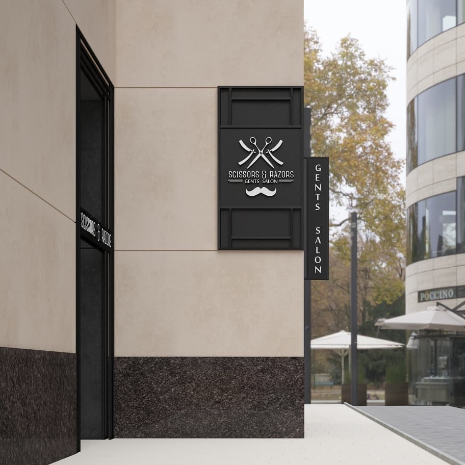 Scissors and Razors Gents Salon exterior signage near Al Habtoor City, Dubai